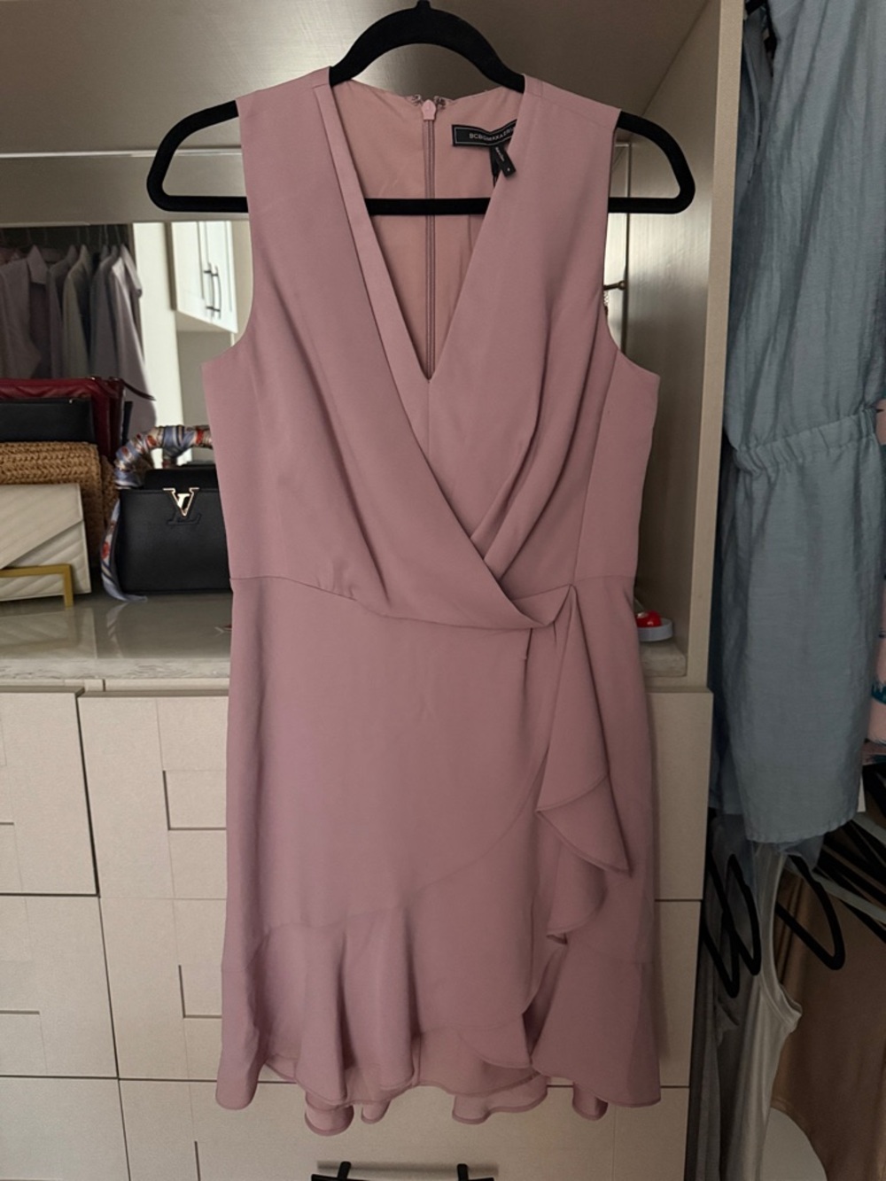 BCBGMaxAzria Dusty Pink Draped V-Neck Mini Dress